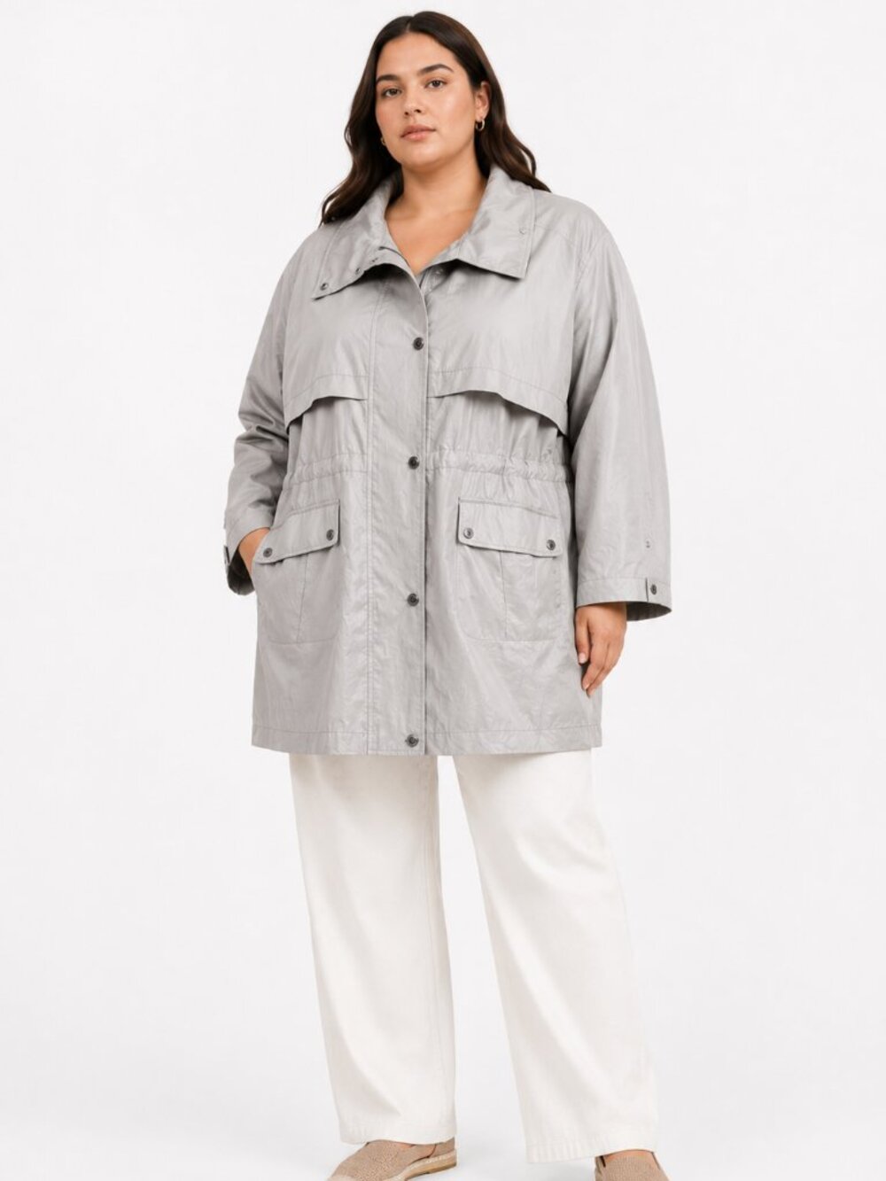 KARL LAGERFELD WOMEN'S GREY SILVER HOODED WIND COAT - XL